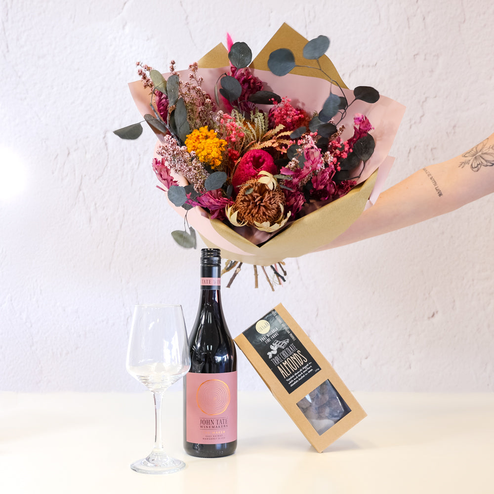Flowers, Wine and Chocolate - Olive and Fig Hampers and Flowers