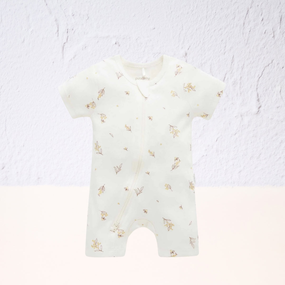 Vanilla Wattle Bee Short Leg Zip Growsuit Purebaby
